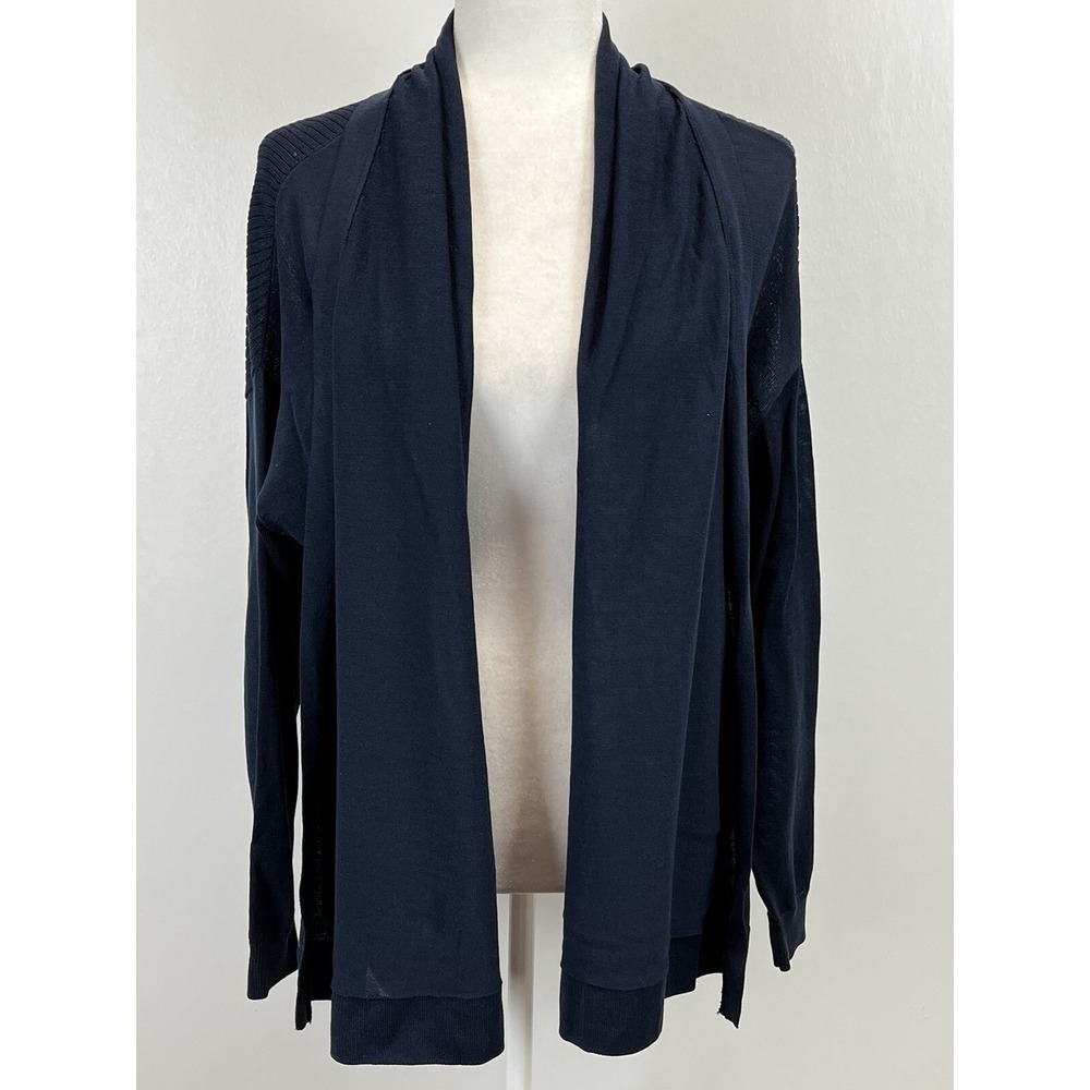 Chicos Open Front Ribbed Knit Cardigan Sweater Sz 2 US L VGUC Blue